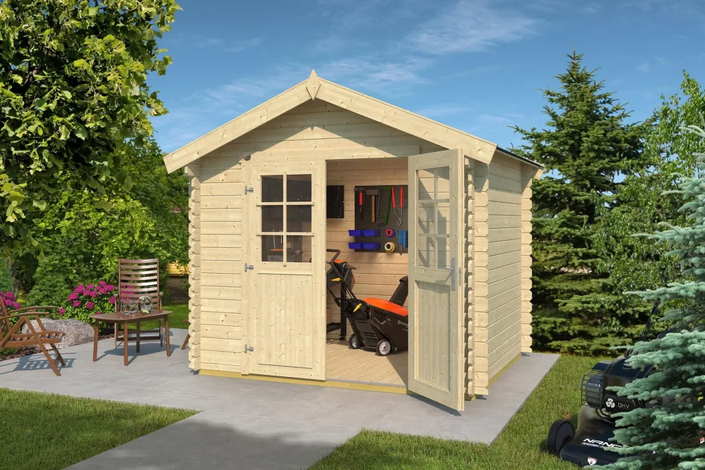 Garden house 209 size 1.5, 288 x 234 x 254 cm, wall thickness 28 mm, with double door natural