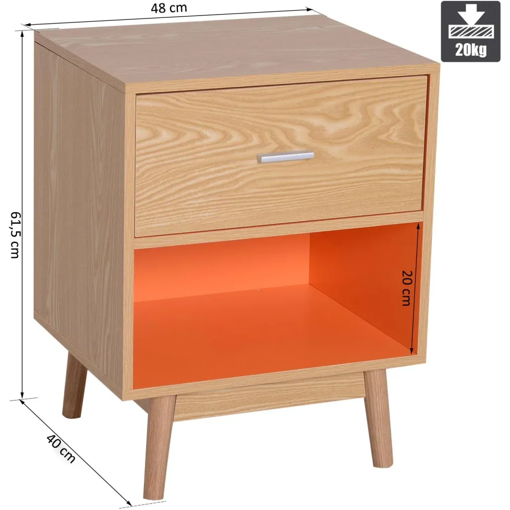 Bedside table, nightstand, console, side table with drawer, wood, 48 x 40 x 61.5 cm