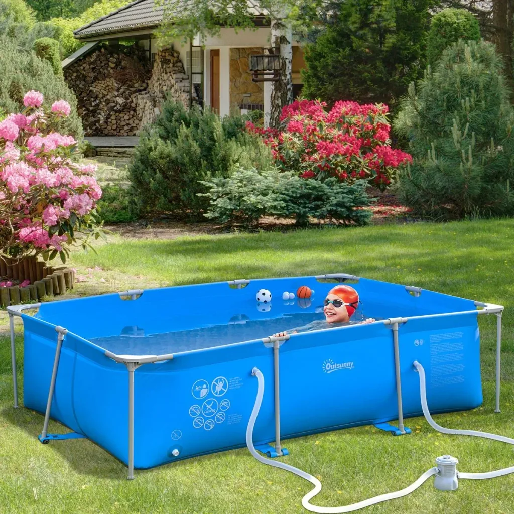 Frame pool with wire swimming pool drain valve PVC steel blue