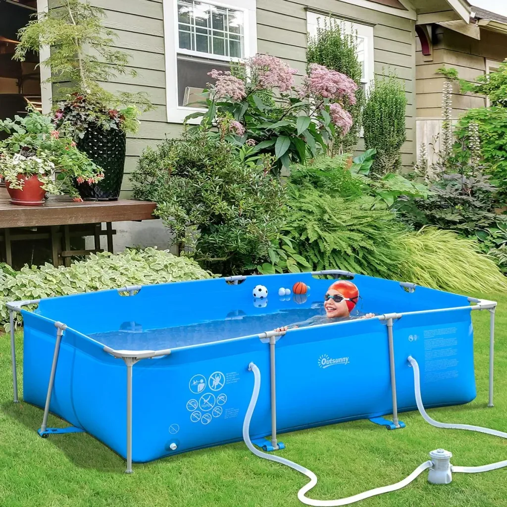 Frame pool with wire swimming pool drain valve PVC steel blue
