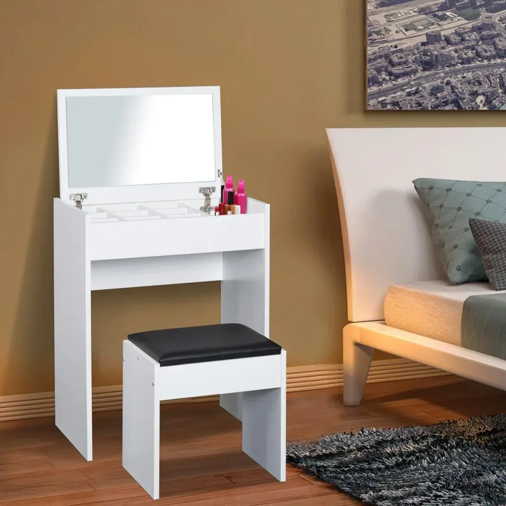 Vanity table with folding mirror and stool white/black