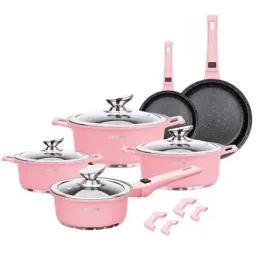 Cast aluminum cookware - 14 pieces, including lids and handles - Pink