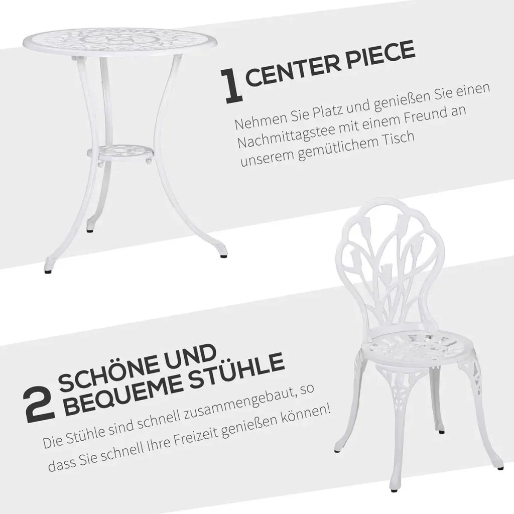 Seating group 3-piece dining group garden furniture set 1 table + 2 chairs with umbrella hole terrace aluminum white Ø60 x 67H cm