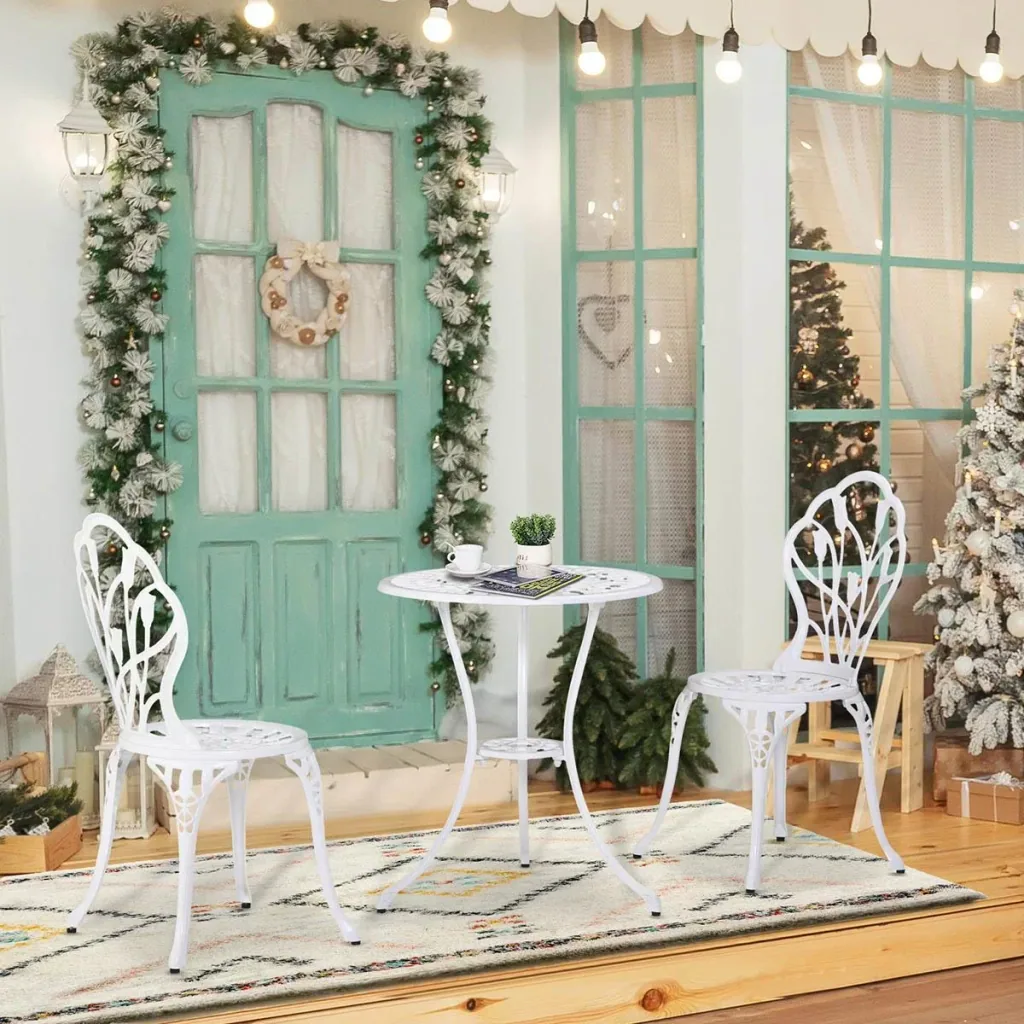 Seating group 3-piece dining group garden furniture set 1 table + 2 chairs with umbrella hole terrace aluminum white Ø60 x 67H cm