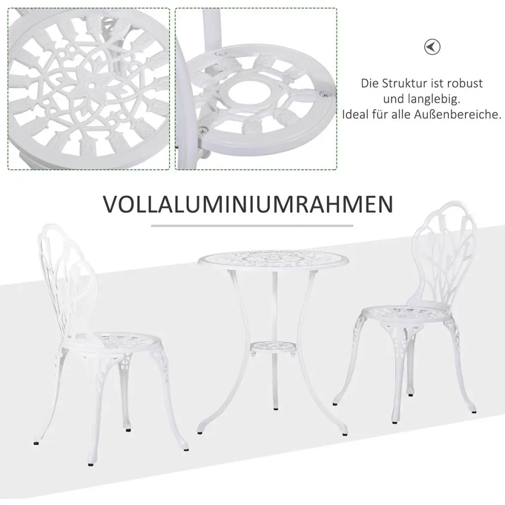 Seating group 3-piece dining group garden furniture set 1 table + 2 chairs with umbrella hole terrace aluminum white Ø60 x 67H cm