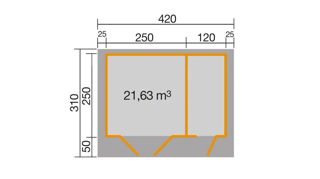 Garden house 253 Gr.2, 420 x 310 x 270 cm light grey, 28 mm, double door, with 2nd room single door