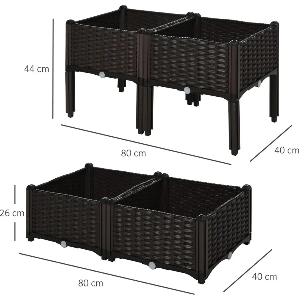 4-piece raised bed in rattan look, dark brown