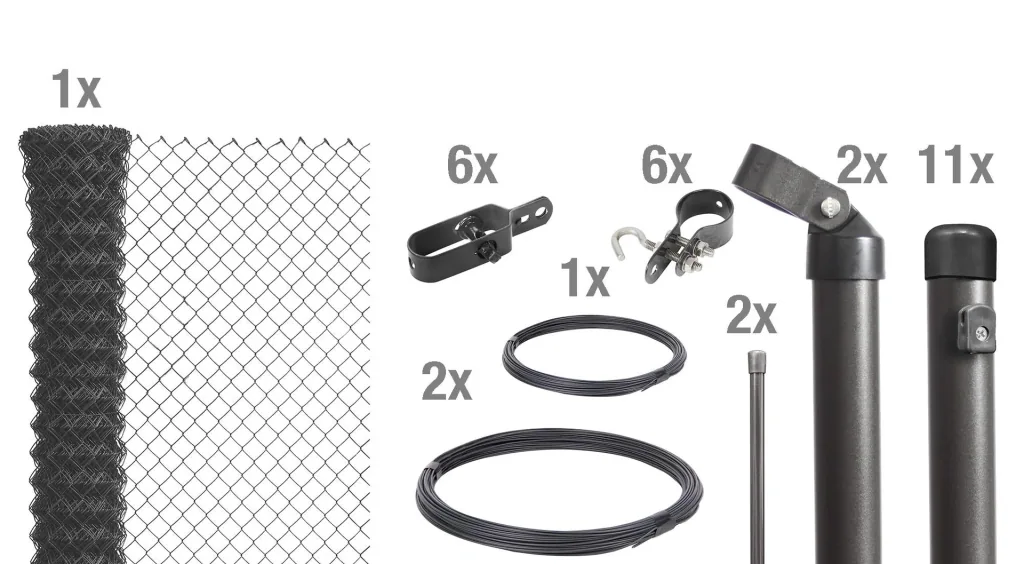 Chain link fence as a complete fence set, for setting in concrete, anthracite metallic, height 125 cm, length 25 m