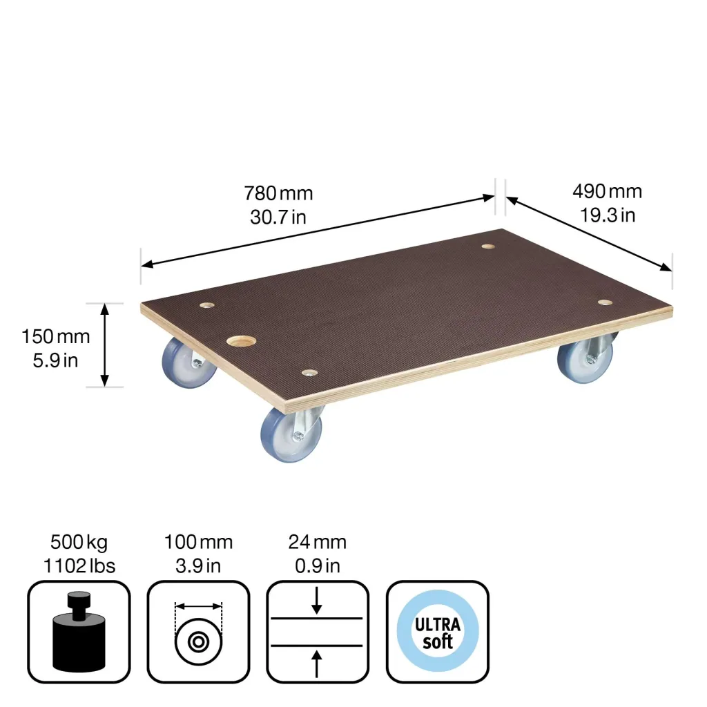 Transport aid MM 1146, 78 x 49 x 15 cm, soft castors Ø 100 mm, roller bearings, Maxigrip FSC® plate, load capacity 500 kg