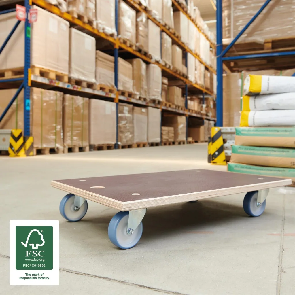 Transport aid MM 1146, 78 x 49 x 15 cm, soft castors Ø 100 mm, roller bearings, Maxigrip FSC® plate, load capacity 500 kg