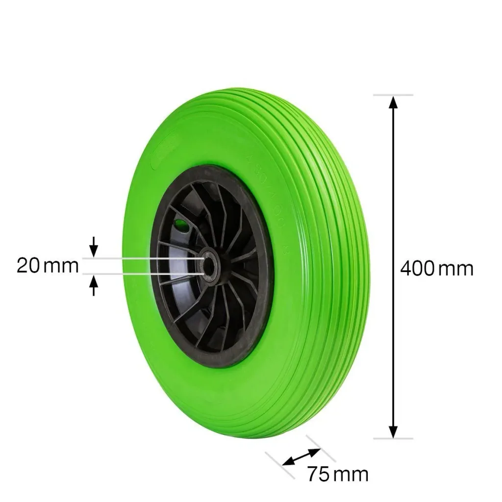 Wheelbarrow wheel PUNCTURE-PROOF - Ø ​​wheel 400 mm, PU foamed wheel, roller bearing, rim 75 mm, axle 20 mm, load capacity 100 kg