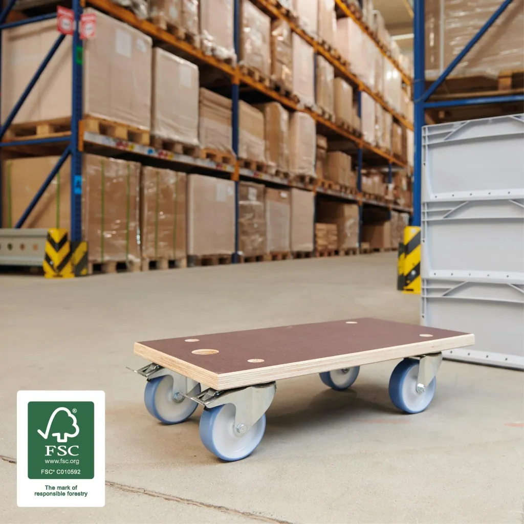 Transport aid MM 1341, 57.5 x 30 x 15 cm, hard castors Ø 100 mm, roller bearings, 2 brakes, FSC® plate, load capacity 500 kg