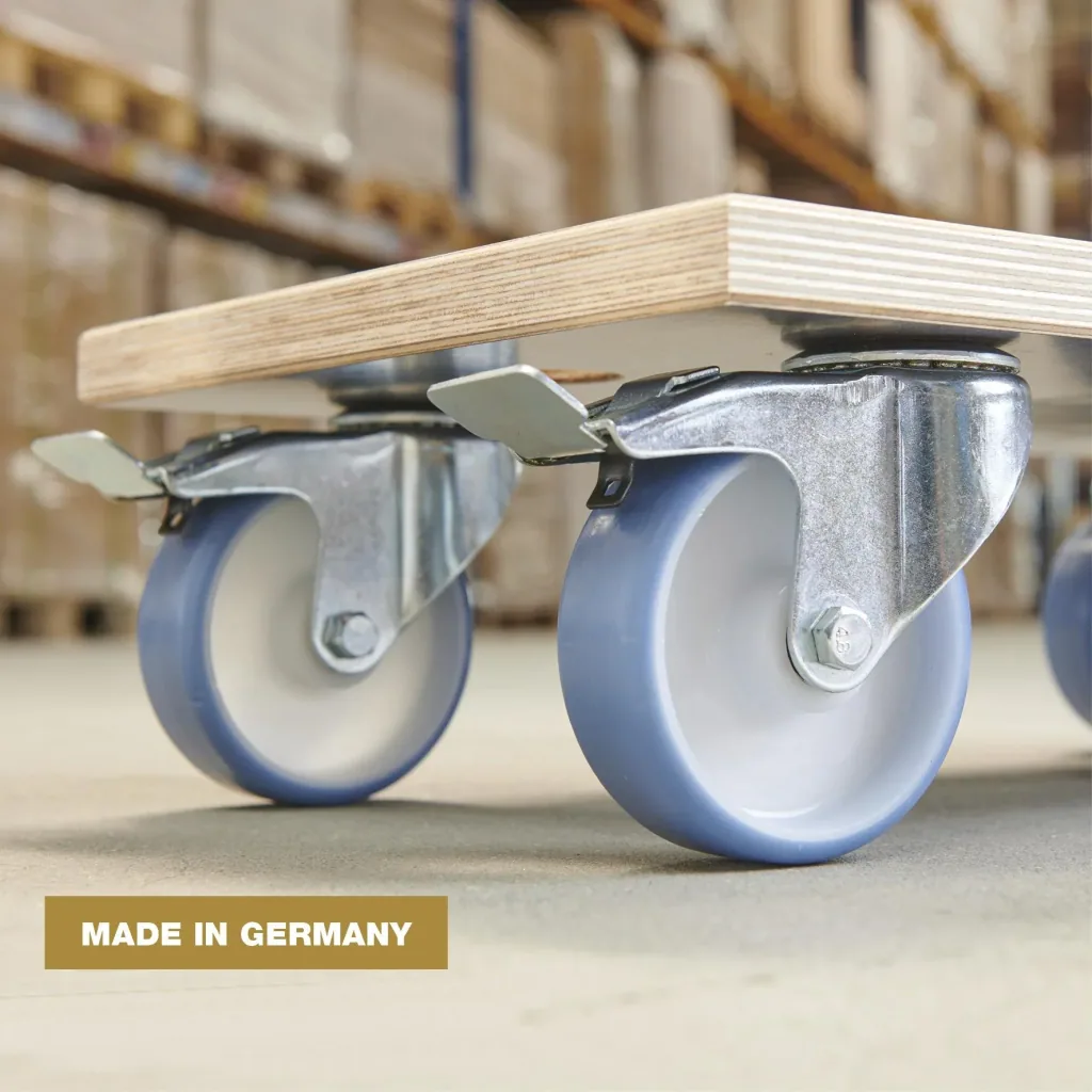 Transport aid MM 1341, 57.5 x 30 x 15 cm, hard castors Ø 100 mm, roller bearings, 2 brakes, FSC® plate, load capacity 500 kg