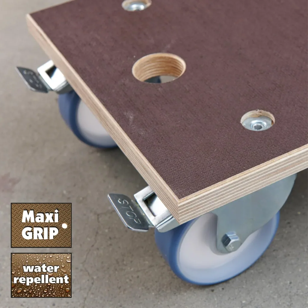 Transport aid MM 1341, 57.5 x 30 x 15 cm, hard castors Ø 100 mm, roller bearings, 2 brakes, FSC® plate, load capacity 500 kg