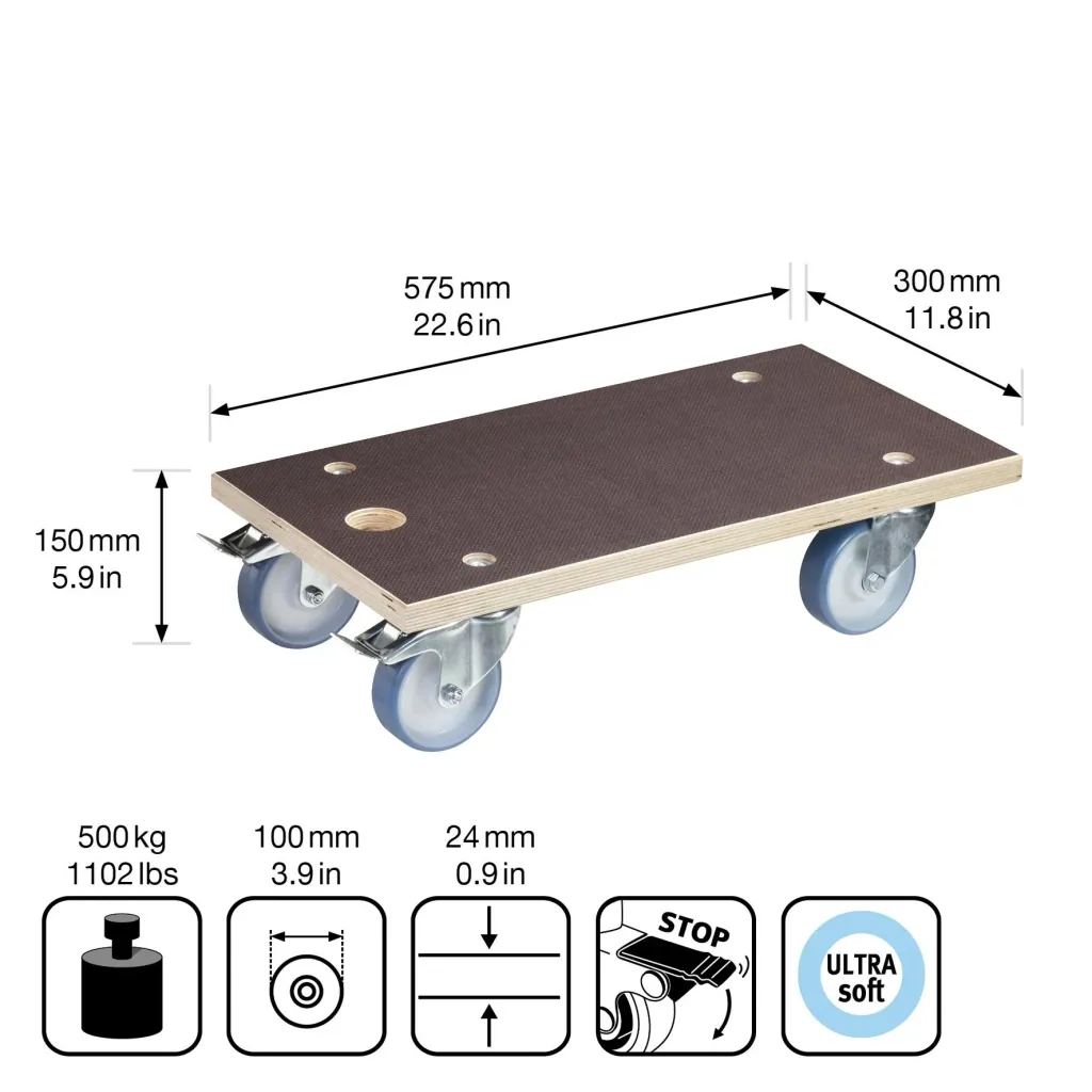 Transport aid MM 1341, 57.5 x 30 x 15 cm, hard castors Ø 100 mm, roller bearings, 2 brakes, FSC® plate, load capacity 500 kg