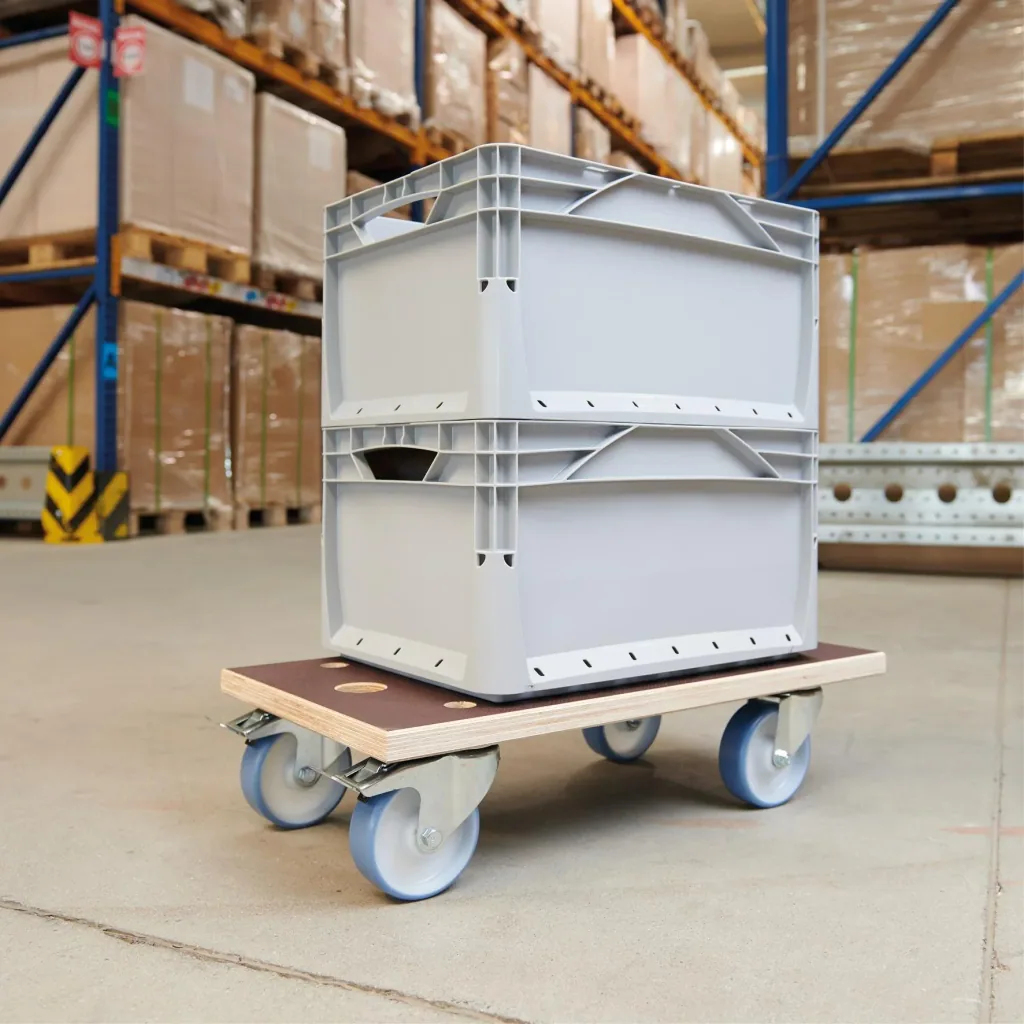 Transport aid MM 1341, 57.5 x 30 x 15 cm, hard castors Ø 100 mm, roller bearings, 2 brakes, FSC® plate, load capacity 500 kg