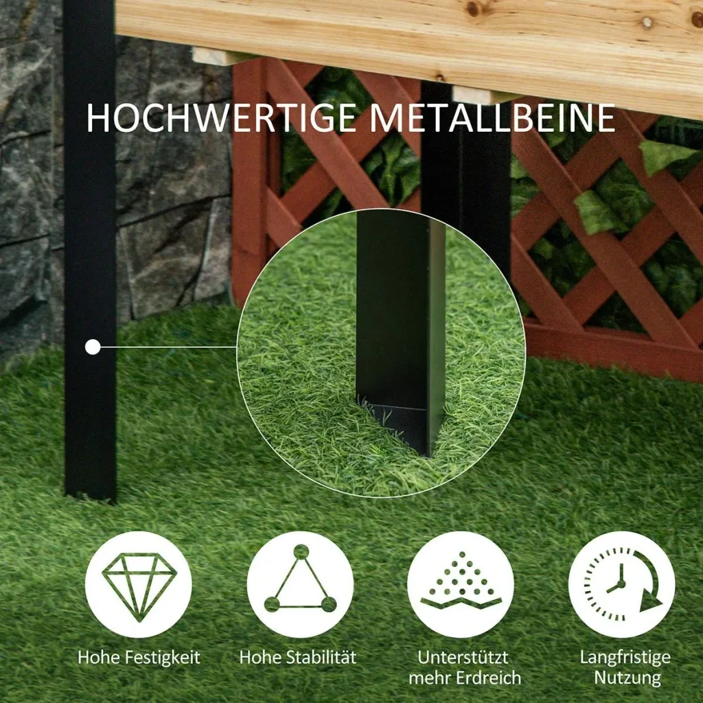 Raised bed planter flower box flowerpot herb bed with nonwoven fabric solid wood steel natural+black 120 x 60 x 74 cm