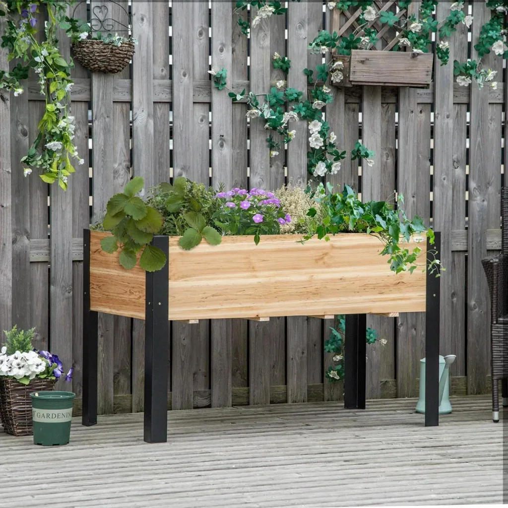 Raised bed planter flower box flowerpot herb bed with nonwoven fabric solid wood steel natural+black 120 x 60 x 74 cm