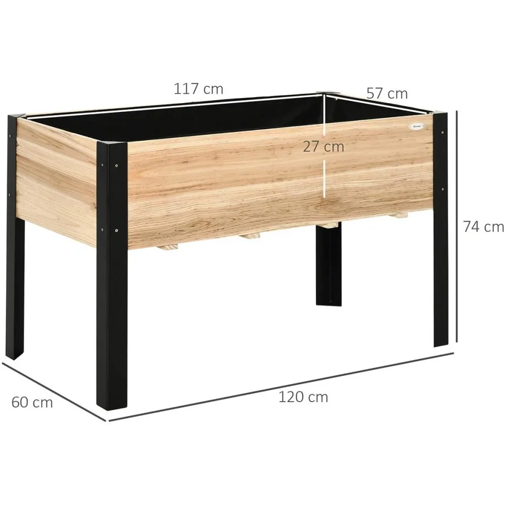 Raised bed planter flower box flowerpot herb bed with nonwoven fabric solid wood steel natural+black 120 x 60 x 74 cm