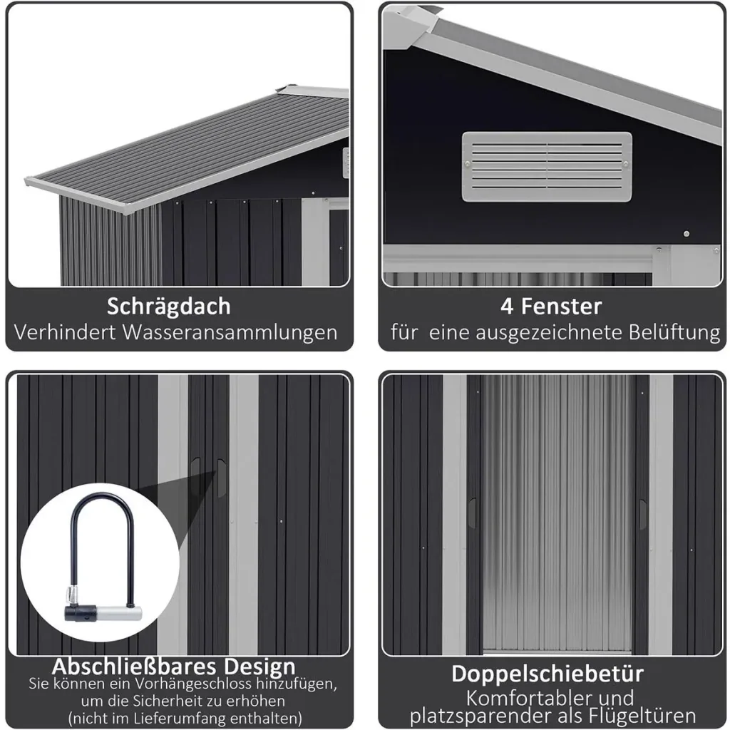 Tool shed with 2 sliding doors metal garden house 2.6 m² tool shed galvanized steel dark gray 195.5 x 153 x 188 cm