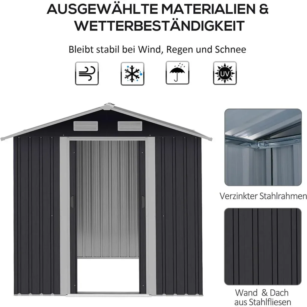 Tool shed with 2 sliding doors metal garden house 2.6 m² tool shed galvanized steel dark gray 195.5 x 153 x 188 cm
