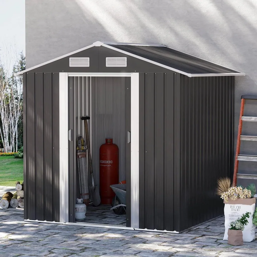 Tool shed with 2 sliding doors metal garden house 2.6 m² tool shed galvanized steel dark gray 195.5 x 153 x 188 cm