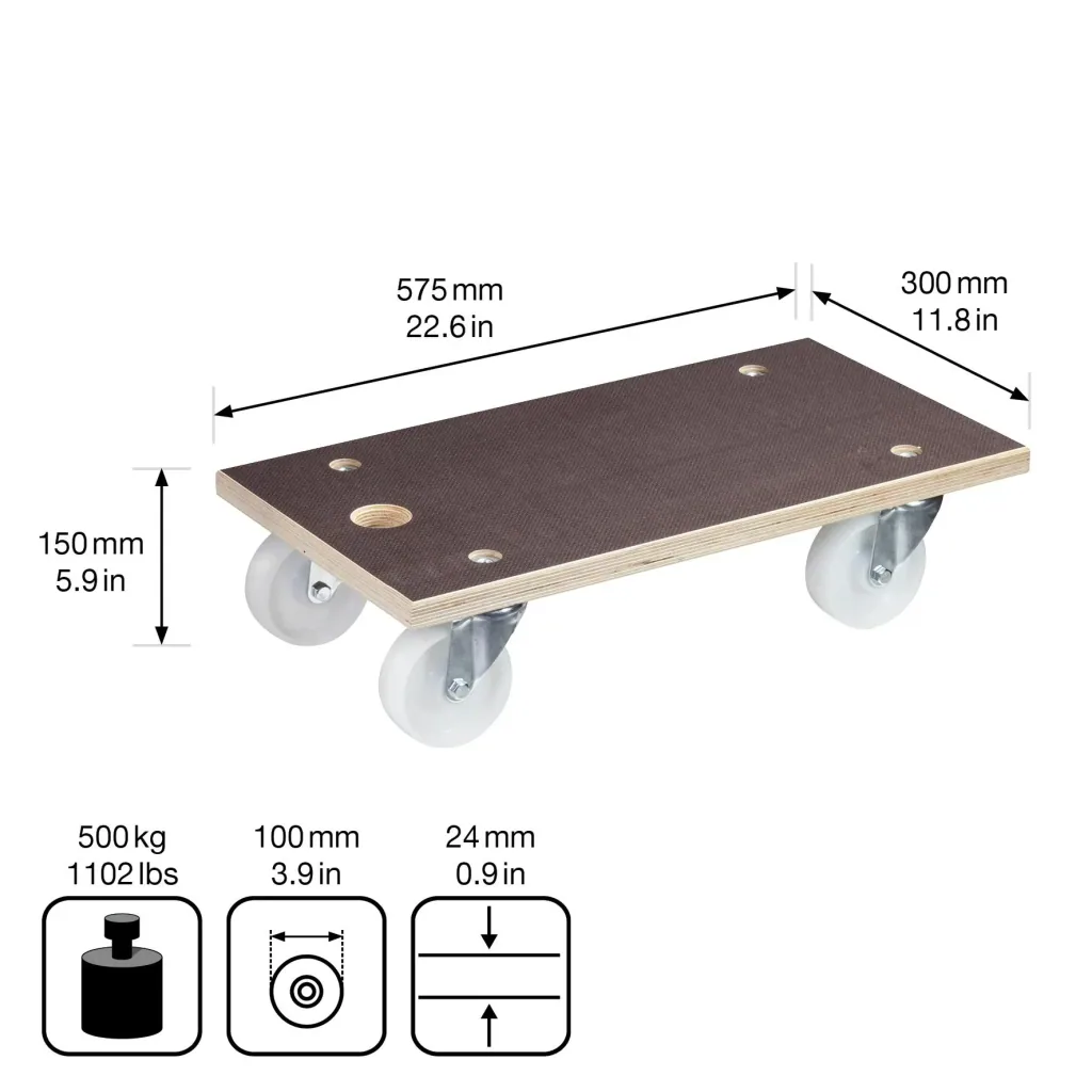 Transport aid MM 1143, 57.5 x 30 x 15 cm, hard castors Ø 100 mm, roller bearings, Maxigrip FSC® plate, load capacity 500 kg