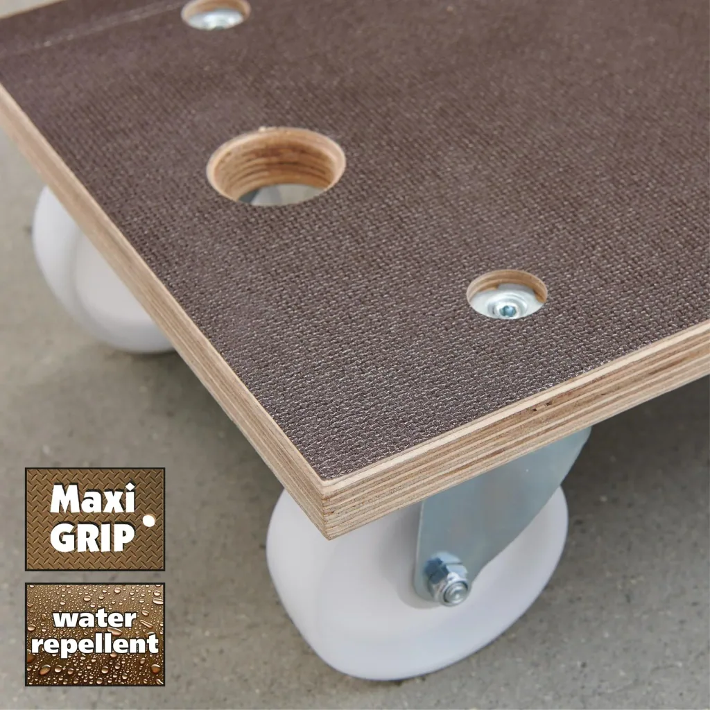 Transport aid MM 1143, 57.5 x 30 x 15 cm, hard castors Ø 100 mm, roller bearings, Maxigrip FSC® plate, load capacity 500 kg