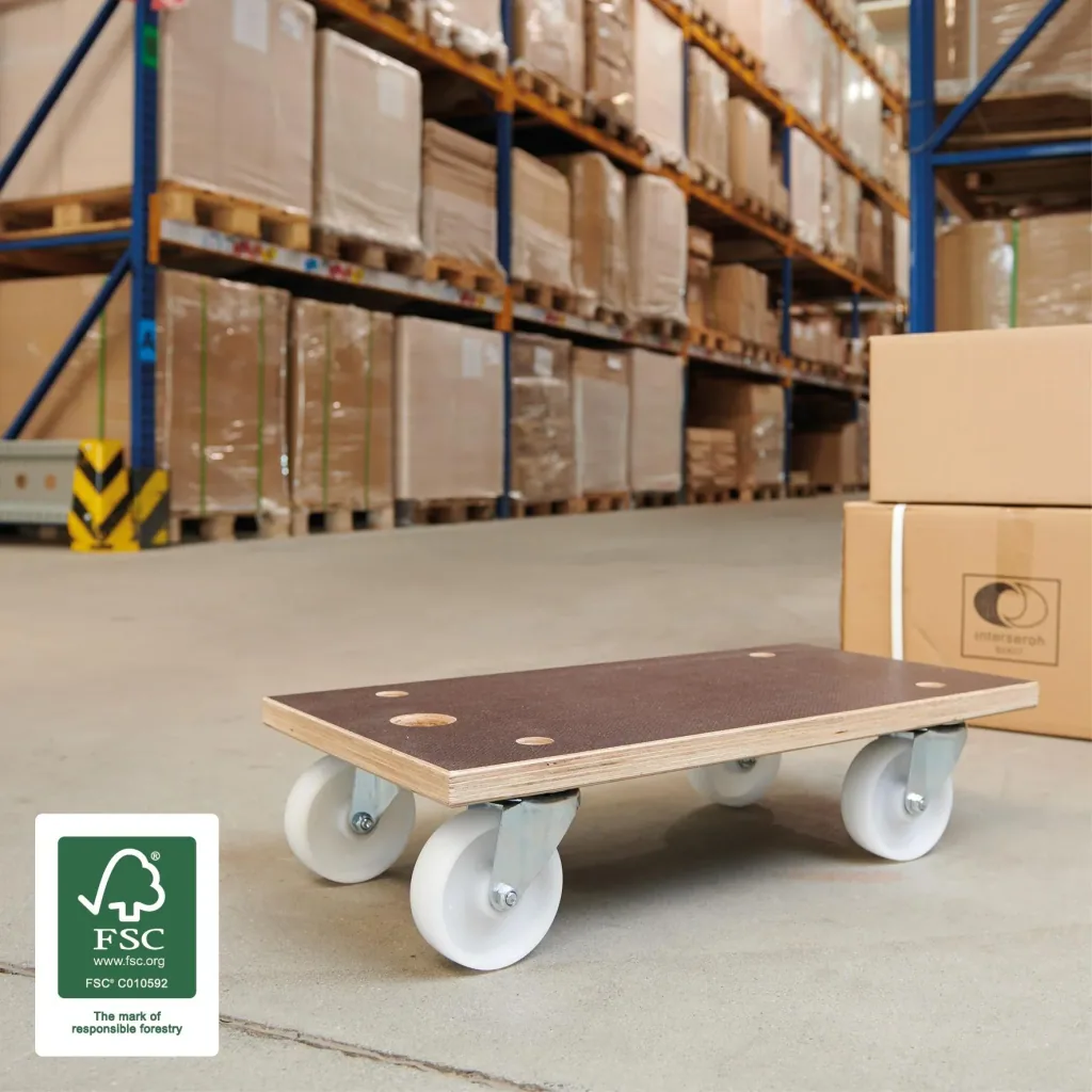 Transport aid MM 1143, 57.5 x 30 x 15 cm, hard castors Ø 100 mm, roller bearings, Maxigrip FSC® plate, load capacity 500 kg