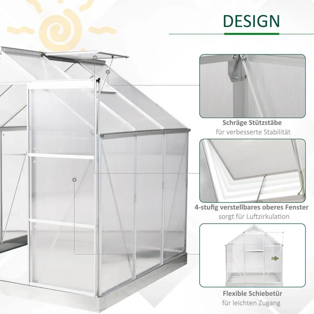 Aluminum greenhouse garden house with window door 193 x 187 x 205 cm 3.6 plant house including foundation greenhouse tomato house
