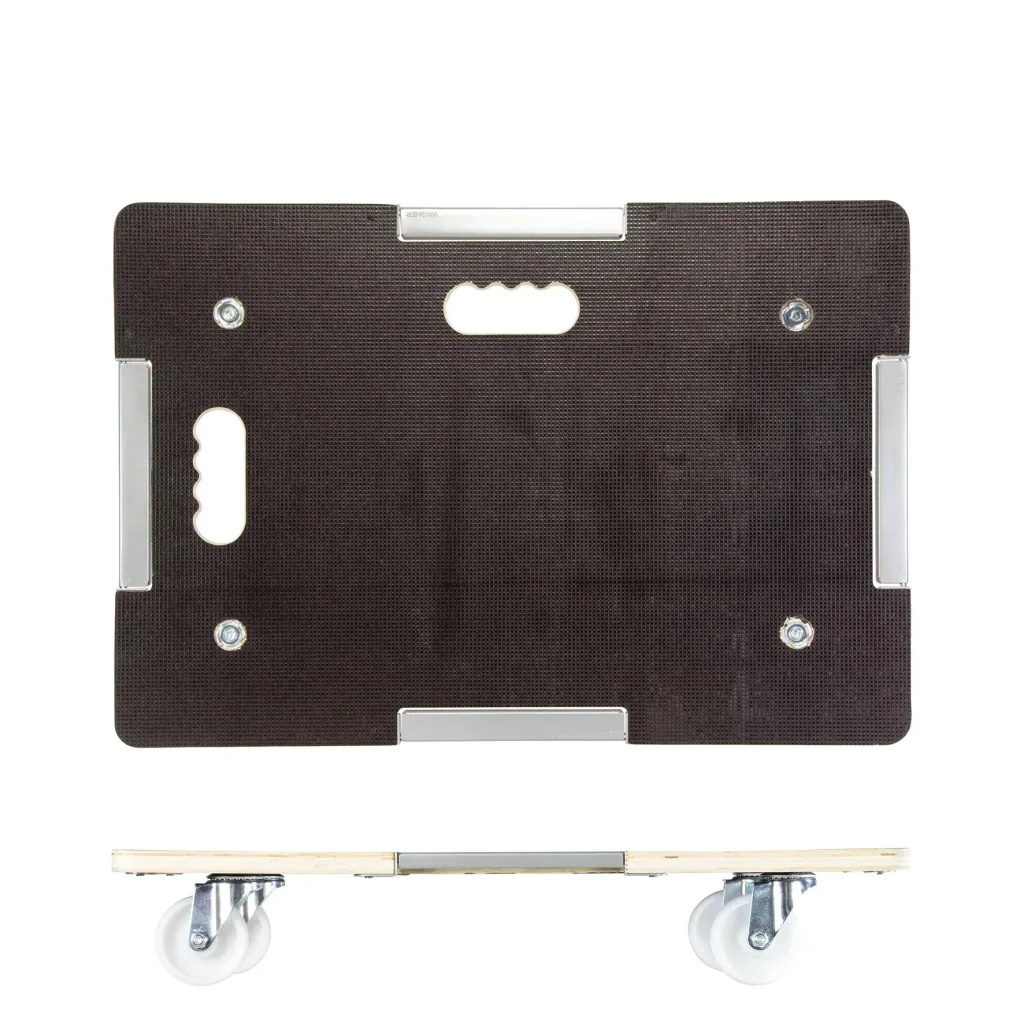 Transport aid MM 1381, 63 x 43 x 11 cm, hard castors Ø 75 mm, roller bearing, safety lock, FSC® plate, load capacity 250 kg