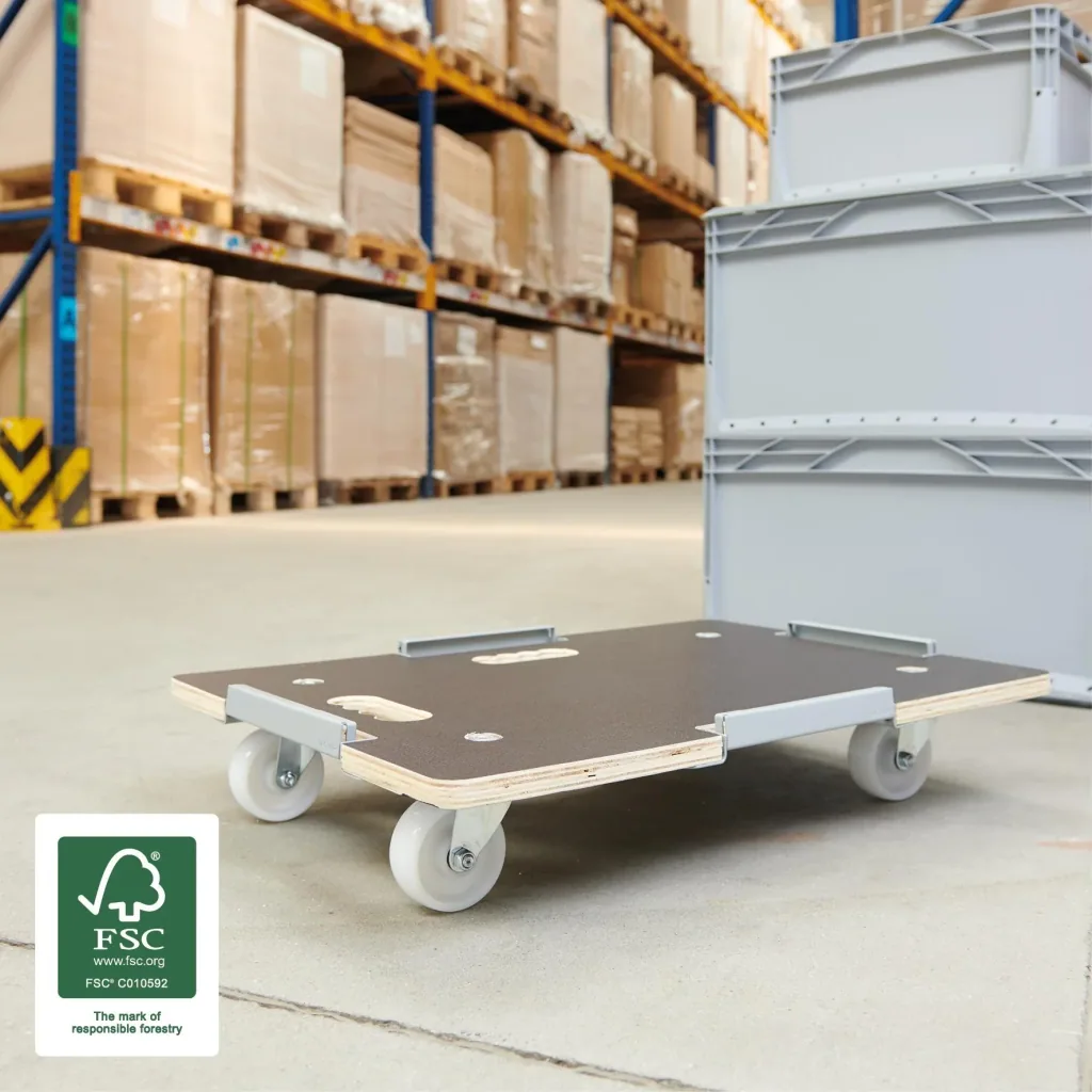 Transport aid MM 1381, 63 x 43 x 11 cm, hard castors Ø 75 mm, roller bearing, safety lock, FSC® plate, load capacity 250 kg