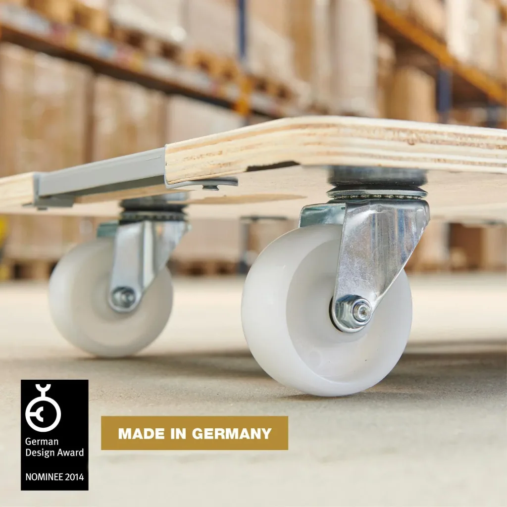 Transport aid MM 1381, 63 x 43 x 11 cm, hard castors Ø 75 mm, roller bearing, safety lock, FSC® plate, load capacity 250 kg