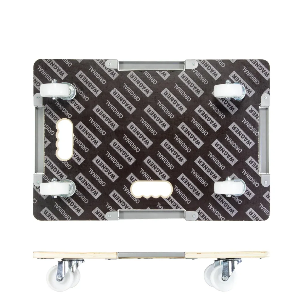 Transport aid MM 1381, 63 x 43 x 11 cm, hard castors Ø 75 mm, roller bearing, safety lock, FSC® plate, load capacity 250 kg