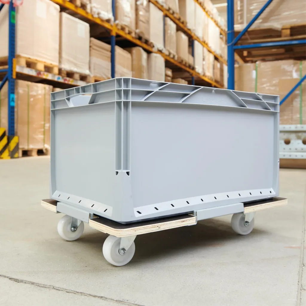 Transport aid MM 1381, 63 x 43 x 11 cm, hard castors Ø 75 mm, roller bearing, safety lock, FSC® plate, load capacity 250 kg