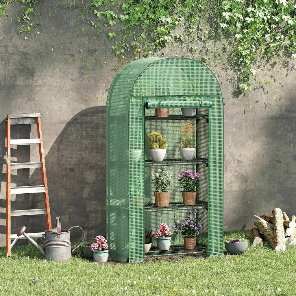 Plastic greenhouse balcony with 4 shelves, mini greenhouse, tomato house, plant house, cold frame, metal, green, 80 x 49 x 160 cm