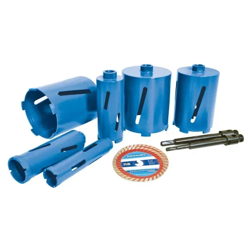 12-piece diamond core bit set Ø 38, 52, 65, 107, 117 and 127 mm.