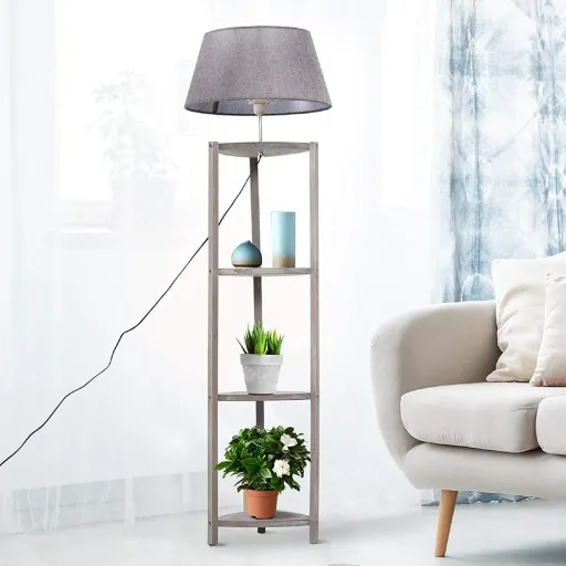 Floor lamp floor lamp lampshade 40W Scandinavian wood + linen grey 46 x 46 x 158.5 cm