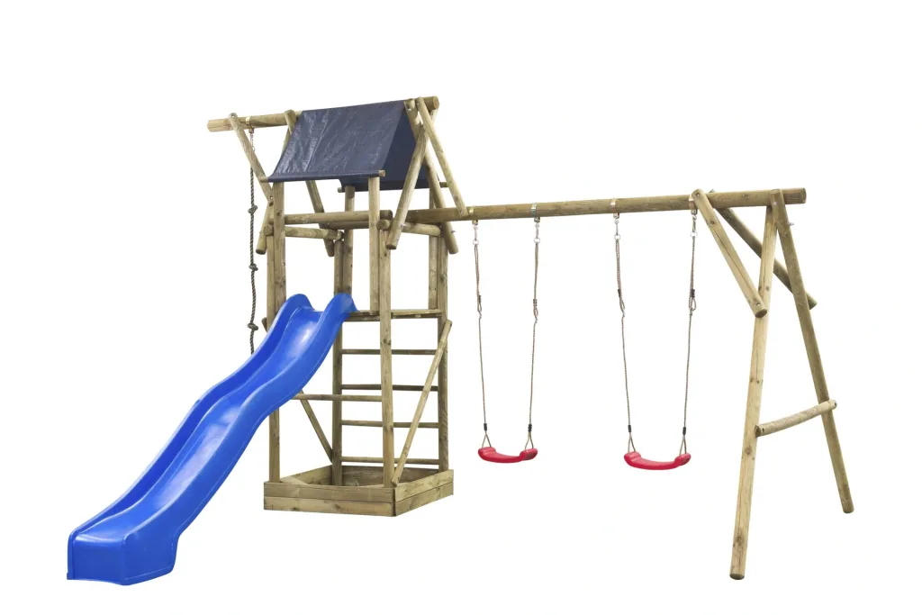 Double swing Niels Rundholz with play tower, climbing rope, sandpit and slide