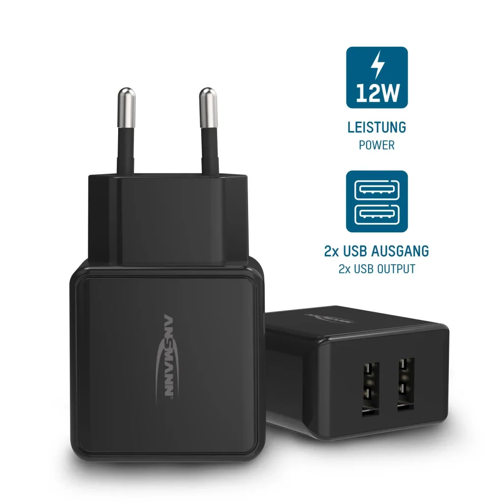 USB charging adapter with 2 USB 2.0 sockets Type A, 2400 mA