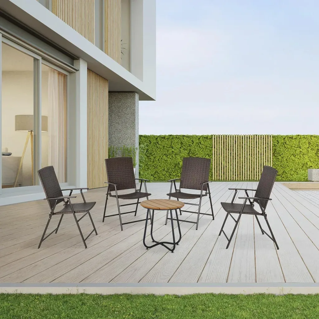 4-piece polyrattan folding garden chair with backrest, steel, brown, 58 x 61 x 94 cm