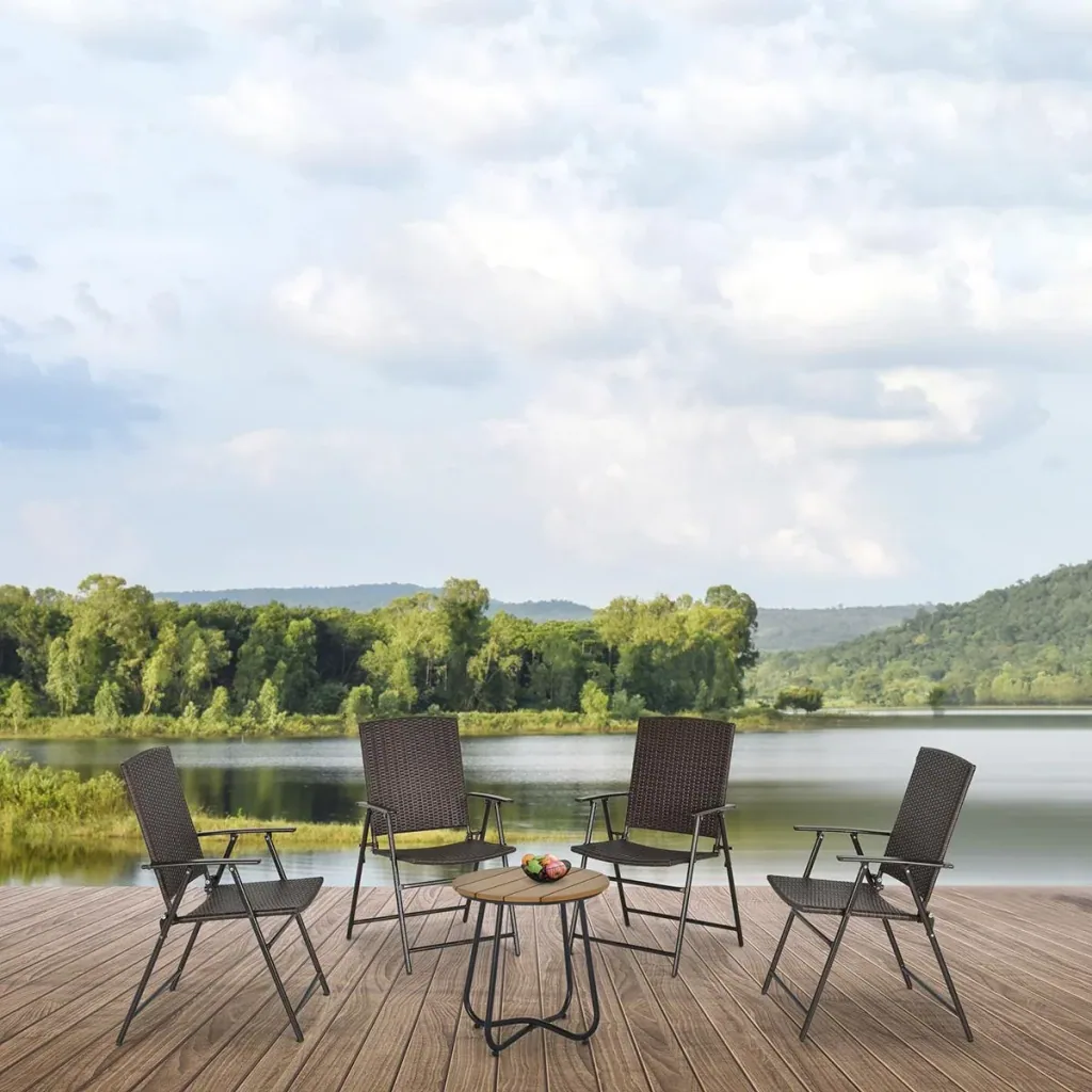 4-piece polyrattan folding garden chair with backrest, steel, brown, 58 x 61 x 94 cm