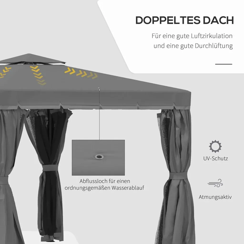Garden gazebo, gazebo, garden tent, marquee, party tent with 4 side walls, weatherproof, aluminum, polyester, gray, 3 x 3 x 2.7