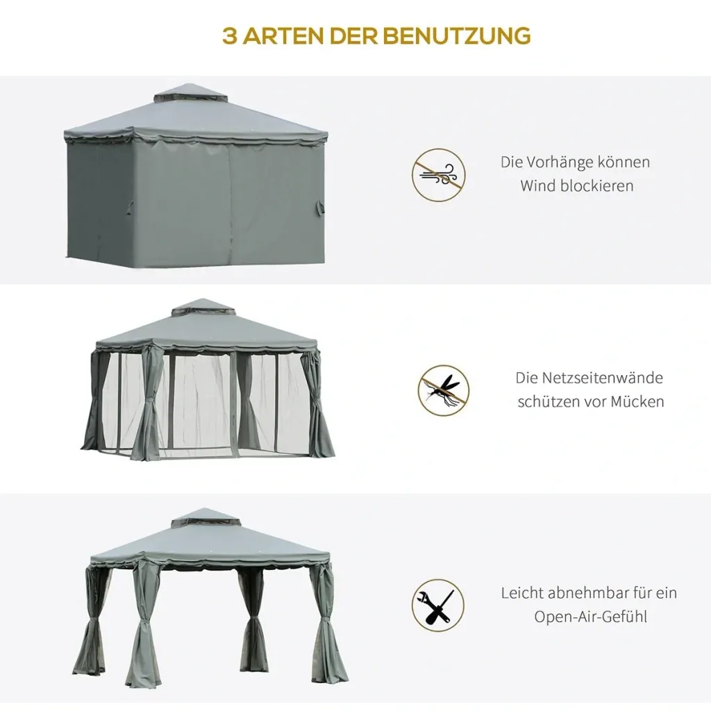 Garden gazebo, gazebo, garden tent, marquee, party tent with 4 side walls, weatherproof, aluminum, polyester, gray, 3 x 3 x 2.7