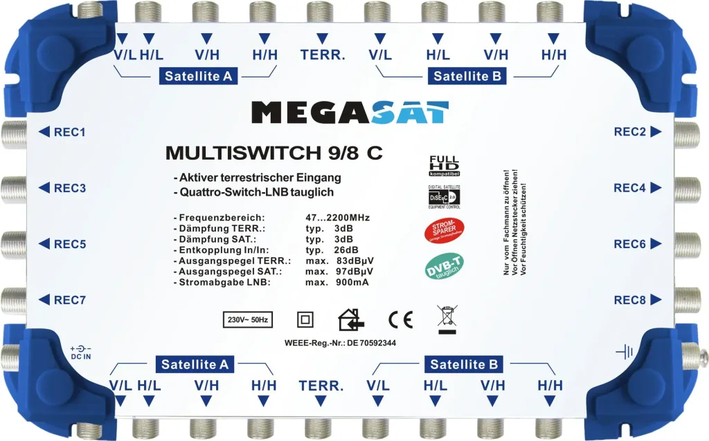 Multiswitch 9/8 C - Expandable system. Suitable for 2 satellites and up to 8 participants per multiswitch.