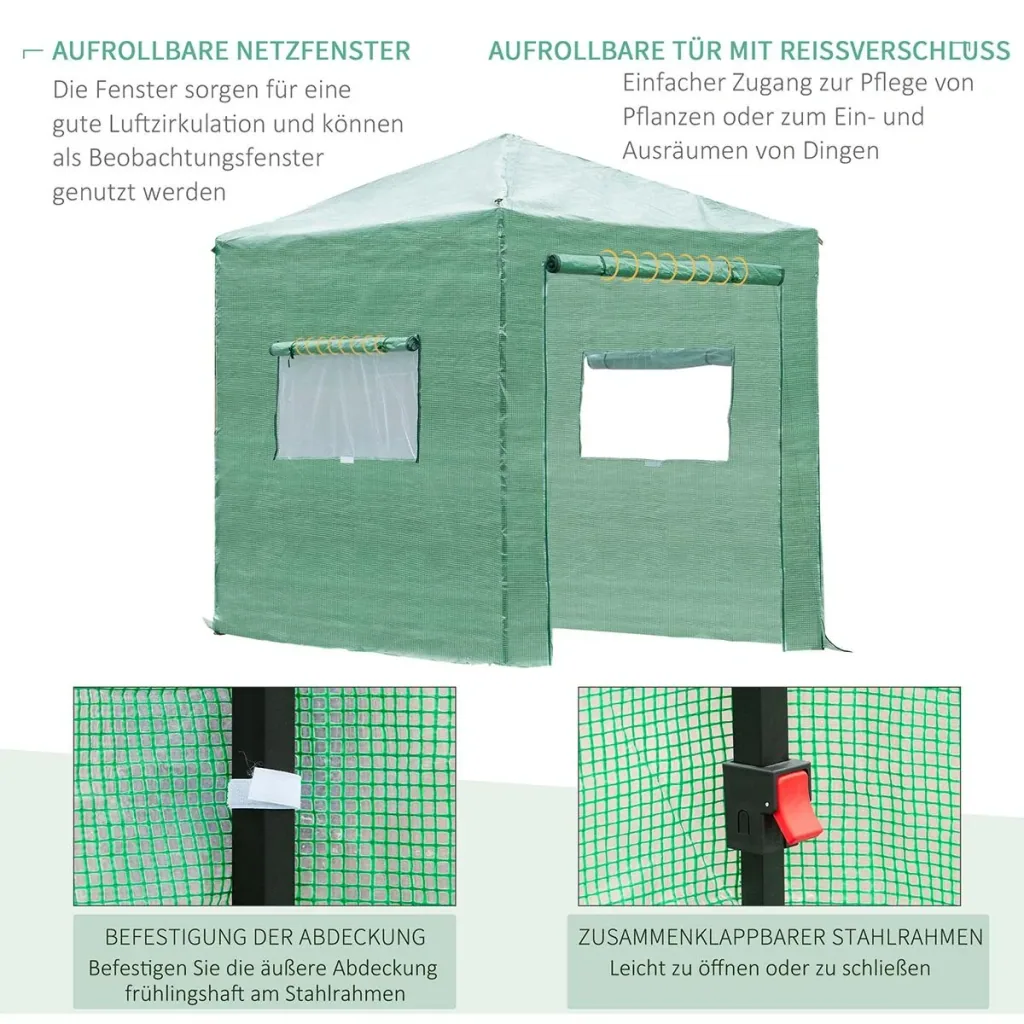 Greenhouse, tomato house, cold frame with door and window for rolling up, PE steel, dark green, 240 x 180 x 240 cm