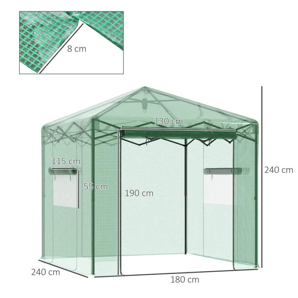 Greenhouse, tomato house, cold frame with door and window for rolling up, PE steel, dark green, 240 x 180 x 240 cm