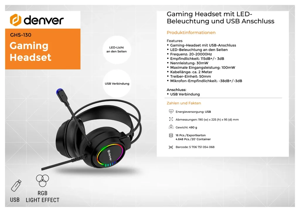 Gaming headset, over-the-head headphones, with USB port and LED light