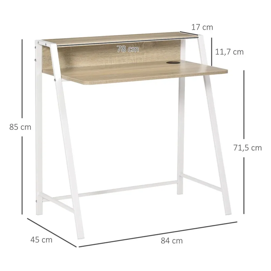 Desk computer table office table work table with storage compartment cable outlet metal white+oak 84 x 45 x 85 cm