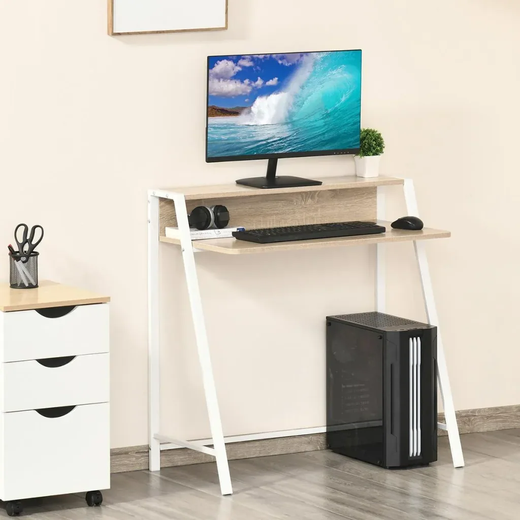 Desk computer table office table work table with storage compartment cable outlet metal white+oak 84 x 45 x 85 cm